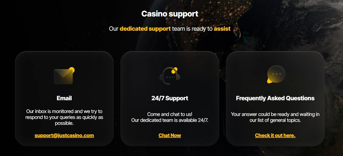 JustCasino customer support contact page
