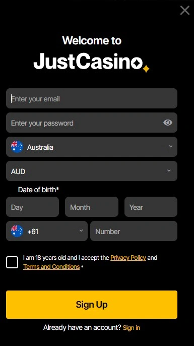JustCasino sign up registration form